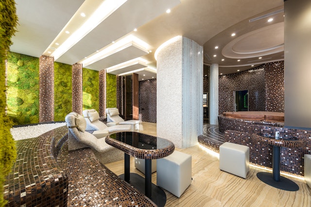  interior of a luxury spa with mosaic tiles